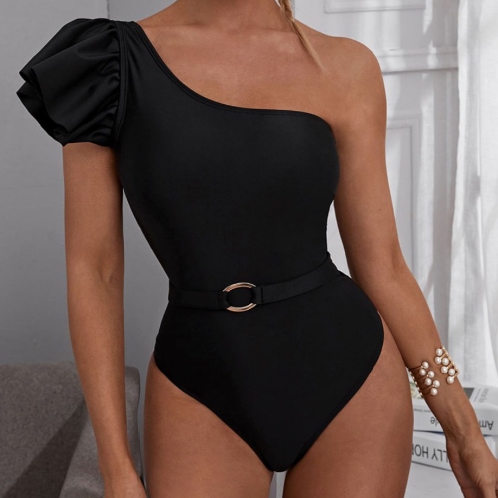 NEW Black Ruffle Belted Swimsuit